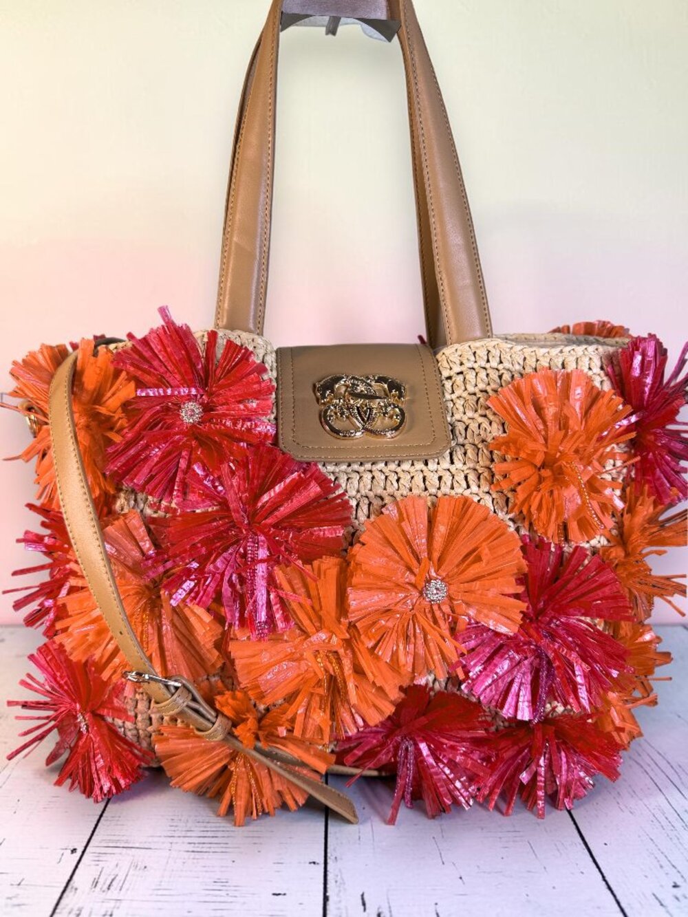 Sharif Woven Raffia 3D Floral Appliquรฉ Large Shoulder Crossbody Tote SAMPLE Bag - Picture 1 of 15